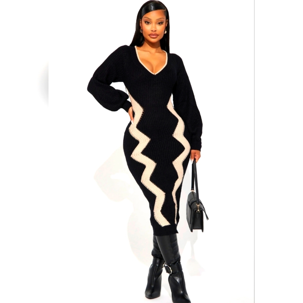 Sweater Maxi Dress L black/cream combo